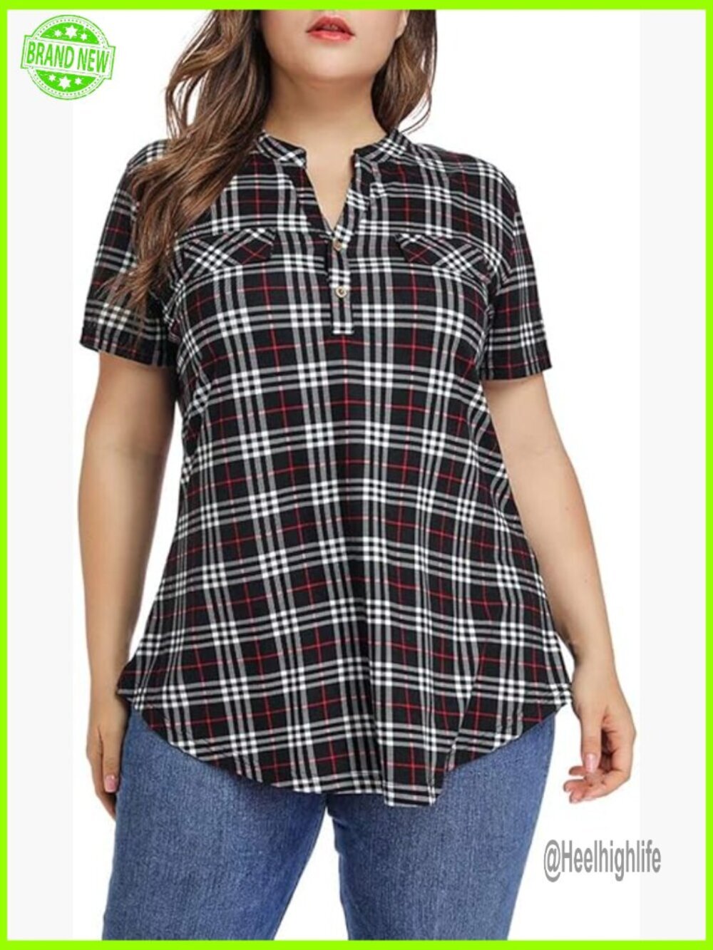 Plus Size V-Neck Plaid Tunic Top Short Sleeve Loose Fit Blouse